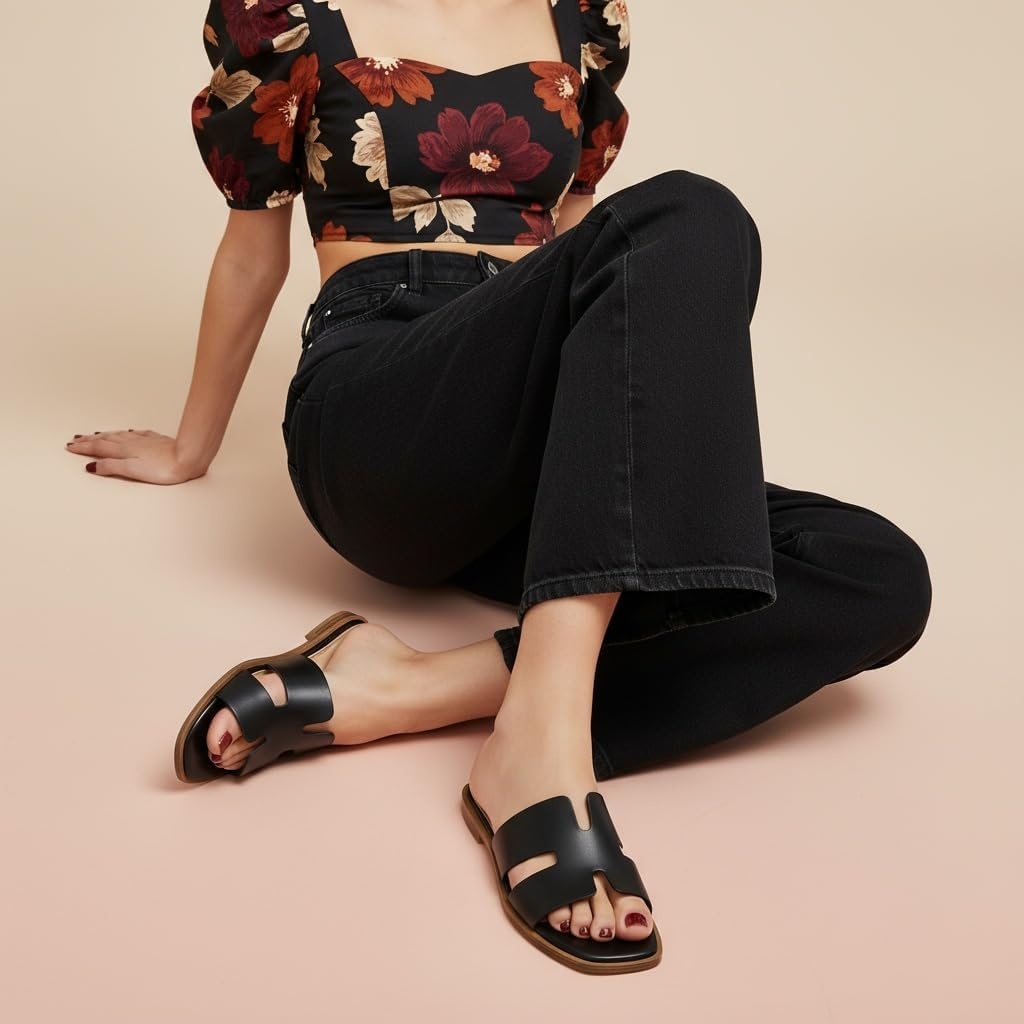 image:imageCUSHIONAIRE Voyage Cutout Strap Slides for Women Slip On Summer Flats Trendy Footwear Memory Foam Vegan Leather Comfortable Vacation Style SandalsBlack