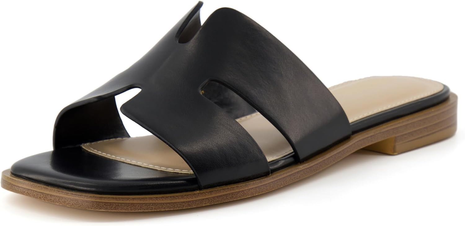 image:imageCUSHIONAIRE Voyage Cutout Strap Slides for Women Slip On Summer Flats Trendy Footwear Memory Foam Vegan Leather Comfortable Vacation Style SandalsBlack