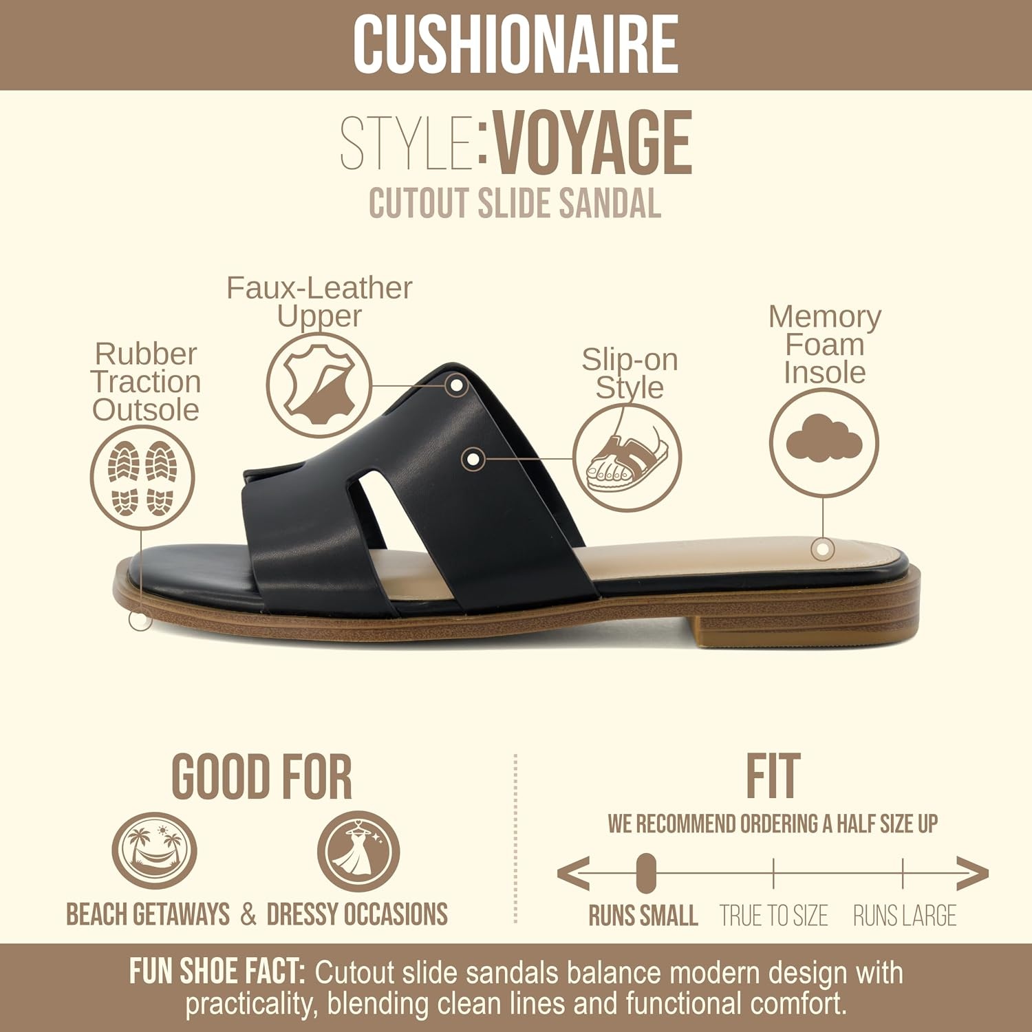 image:imageCUSHIONAIRE Voyage Cutout Strap Slides for Women Slip On Summer Flats Trendy Footwear Memory Foam Vegan Leather Comfortable Vacation Style SandalsBlack