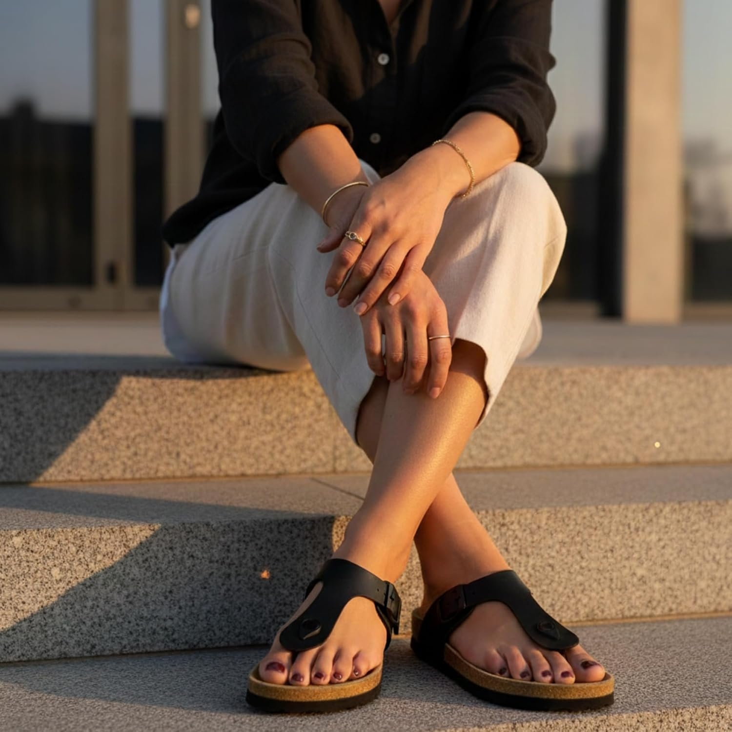 image:imageLeah Cork Footbed Thong SandalBlack Oily
