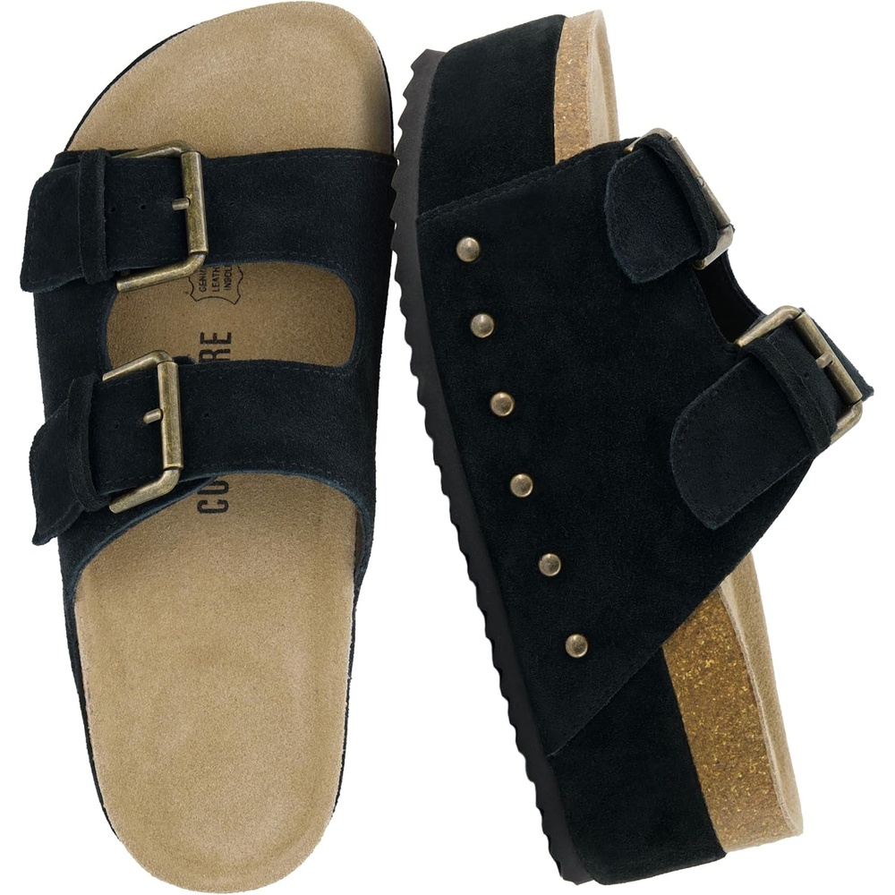 image:imageCUSHIONAIRE Guru Platform Sandals Women Footwear Comfortable Genuine Leather Footbed Studded Chunky Slide Summer Sandals for WomenSuede Black