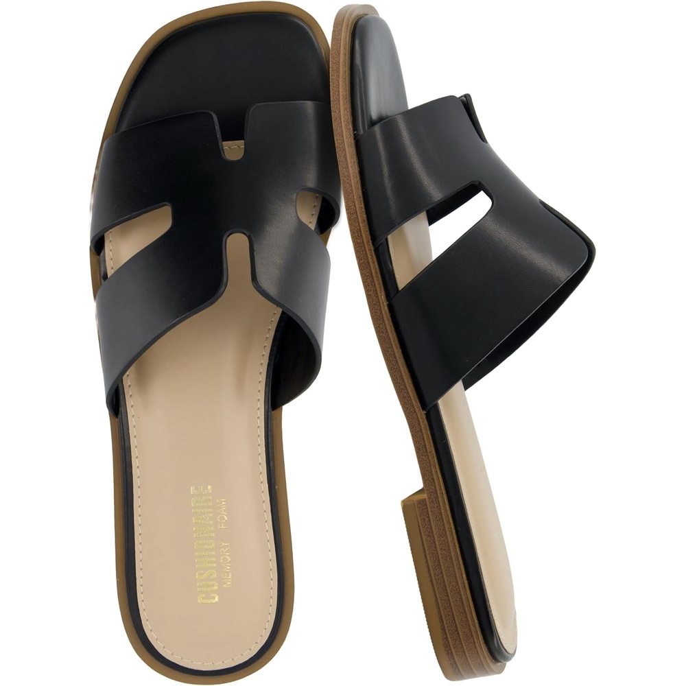 image:imageCUSHIONAIRE Voyage Cutout Strap Slides for Women Slip On Summer Flats Trendy Footwear Memory Foam Vegan Leather Comfortable Vacation Style SandalsBlack