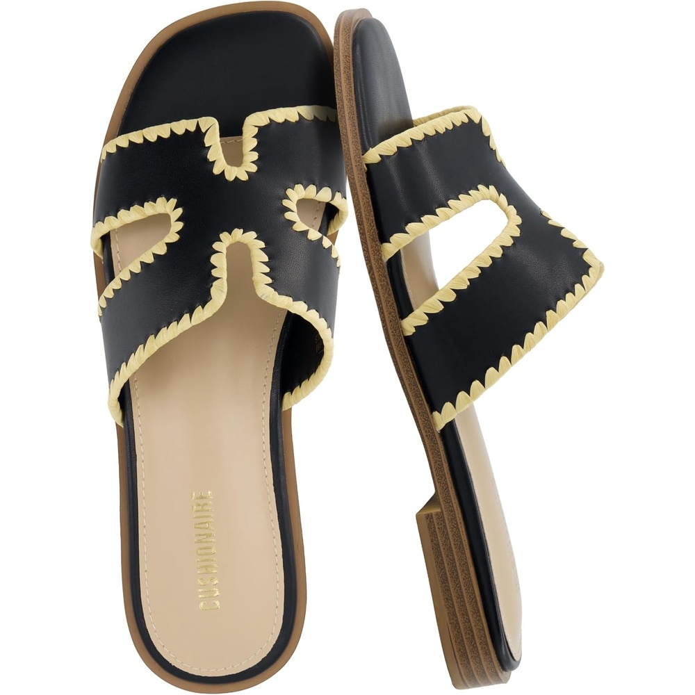 image:imageCUSHIONAIRE Voyage Cutout Strap Slides for Women Slip On Summer Flats Trendy Footwear Memory Foam Vegan Leather Comfortable Vacation Style SandalsBlack Woven