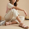 CUSHIONAIRE Indego Strappy Flat Sandals for Women with Elastic Upper, Arch Support and Memory Foam(Nude)