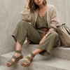 CUSHIONAIRE Indego Strappy Flat Sandals for Women with Elastic Upper, Arch Support and Memory Foam(Olive)