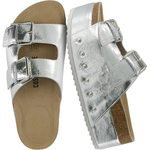 CUSHIONAIRE Guru Platform Sandals Women Footwear – Comfortable Genuine Leather Footbed Studded Chunky Slide Summer Sandals for Women(Silver)