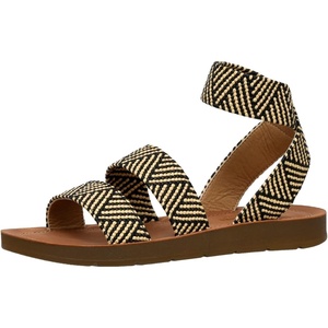 CUSHIONAIRE Indego Strappy Flat Sandals for Women with Elastic Upper, Arch Support and Memory Foam(Black Raffia Gore)