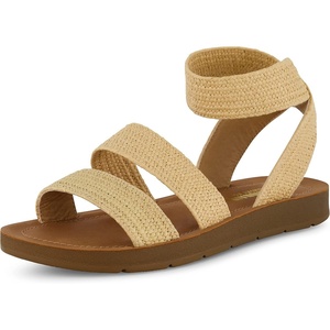 CUSHIONAIRE Indego Strappy Flat Sandals for Women with Elastic Upper, Arch Support and Memory Foam(Natural Raffia Gore)